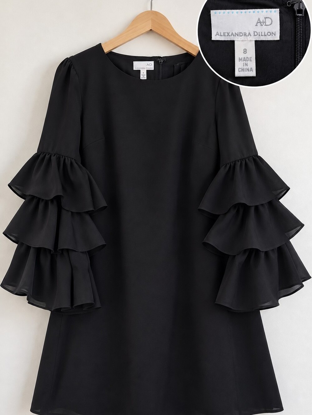 Alexandra Dillon Black Ruffle Sleeve Dress – Size 8